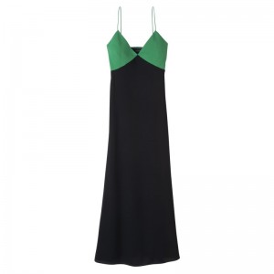 Longchamp Long dress - Crepe de Chine Green/Black | 8425-TSHIQ