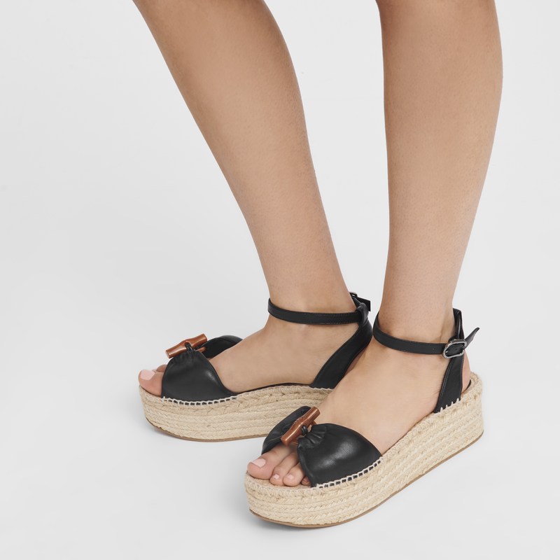 Longchamp Le Roseau Wedge espadrilles - Leather Siyah | 7369-RYDGQ