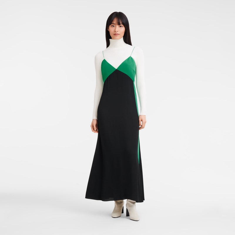 Longchamp Long dress - Crepe de Chine Green/Black | 8425-TSHIQ